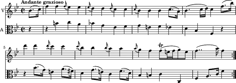 << \new Staff \with { instrumentName = #"V"}
\relative c'' {
\version "2.18.2"
\key bes \major
\tempo "Andante grazioso"
\time 2/2
\tempo 4 = 100
\partial 4
bes8. (c16)
f4 f \grace f16 ( ees4) ees
\grace ees16 ( d4) d \grace d16 (c4) c
\grace c16 (bes4) bes bes c8. (a16)
bes4. (c16 d) c4 f8. (bes16)
d4 d \grace d16 (c4) c
\grace c16 (bes4) bes \grace bes16 (a4) a
\grace a16 (g4) f f8\trill (e16 f g8) e8
f4.. (a16) f4 \bar ":|."
}
\new Staff \with { instrumentName = #"A "} \relative c' {
\key bes \major
\clef "alto"
\partial 4 r4 r
b' c a
bes! g ees f
g e f ees
d bes f r
r bes'8. (g16) e4 a8. (fis16)
d4 g8. (e16) c4 f8. (d16)
bes4 b c c,
f a8. c16 f4
}
>>