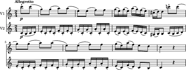 <<
\new Staff \with { instrumentName = #"V1 "} \relative c'' {
\clef "treble"
\tempo "Allegretto"
\key c \major
\time 2/4
\tempo 4 = 90
\partial 4 c'8-! \p c (g) g (a) a (e) e (f) f
g16 (e) g (e) a (g) f (e)
cis (d) d8 c'!-! c (g) g (a) a (e) e (f) f
g16 (e) a (f) e8 d
c4 r
}
\new Staff \with { instrumentName = #"V2 "} \relative c' {
\clef "treble"
\key c \major
\time 2/4
\set Staff.midiMinimumVolume = #0.2 \set Staff.midiMaximumVolume = #0.5
\partial 4 c16 \p (b c d)
e-. c-. e-. c-. f-. c-. f-. c-.
g'-. c,-. g'-. c,-. a'-. c,-. a'-. c,-.
e (c) e (c) f (e) d (c)
ais (b) b8 c16 (b c d)
e-. c-. e-. c-. f-. c-. f-. c-.
g'-. c,-. g'-. c,-. a'-. c,-. a'-. c,-.
e (c) f (d) c8 b
c4 r
}
>>