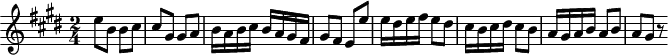 
\version "2.18.2"
\header {
  tagline=##f
}

\score {
  \new Staff \with {

  }
<<
  \relative c'' {
    \key e \major
    \time 2/4
    \set Staff.midiInstrument = #"trumpet" 
    \override TupletBracket #'bracket-visibility = ##f 

     %%% Stravinski
     e8 b b cis cis gis gis a b16 a b cis b a gis fis gis8 fis e e' e16 dis e fis e8 dis cis16 b cis dis cis8 b a16 gis a b a8 b a gis r8

  }
>>
  \layout {
     \context { \Score 
     \override SpacingSpanner.common-shortest-duration = #(ly:make-moment 1/3)
     \remove "Metronome_mark_engraver" }
  }
  \midi { \tempo 4=110 }
}
