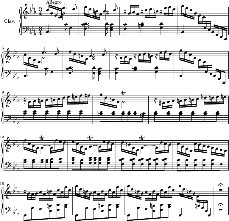 \version "2.18.2"
\header {
tagline = ##f
}
% petites notes
prallF = { \tag #'print { f8.-\parenthesize\prall } \tag #'midi { g32 f g f~ f16 } }
prallG = { \tag #'print { g2\trill } \tag #'midi { aes32 g aes g aes g~ g16~ g4 } }
prallF = { \tag #'print { f4~\trill } \tag #'midi { g32 f g f g f~ f16~ } }
prallGpar = { \tag #'print { g4~-\parenthesize\trill } \tag #'midi { aes32 g aes g aes g~ g16~ } }
prallFpar = { \tag #'print { f4~-\parenthesize\trill } \tag #'midi { g32 f g f g f~ f16~ } }
upper = \relative c'' {
\clef treble
\key c \minor
\time 3/4
\tempo 4 = 115
\set Staff.midiInstrument = #"harpsichord"
c16^\markup{Allegro} g ees c << { ees'4. d8 } \\ { g,2 } >> | f'16 d b f << { b4. c8 } \\ { < f, aes >2 } >> | r16 g16 aes f r16 c'16 d b r16 ees16 f d |
% ms. 4
g16 ees c g ees c \stemUp \change Staff = "lower" g16 ees s4 | \stemDown \change Staff = "upper" c''16 g ees c << { ees'4. d8 } \\ { g,2 } >> | f'16 d b f << { b4. c8 } \\ { < f, aes >2 } >> | r16 g16 aes f r16 c'16 d b r16 ees16 f d |
% ms. 8
g16 ees c g ees c \stemUp \change Staff = "lower" g16 ees s4 | \stemDown \change Staff = "upper" r16 g'16 aes a bes b c d ees e f fis | g d b g \prallG |
% ms. 11
r16 fis16 g aes a bes b c des d ees e | f c aes f \prallF f16 f' ees d | ees16 c g ees \prallGpar g16 ees' d c |
% ms. 14
d16 b f d \prallFpar f16 d' c b | c g ees c c' bes aes g f ees d c | r16 g'16 f g aes f b f c' aes f' c |
% ms. 17
\repeat unfold 2 { g'16 d b g aes f b f c' aes f' c } | g'16 d b g d \stemUp \change Staff = "lower" b g d s4 |
\change Staff = "upper"
R2.\fermata
}
lower = \relative c {
\clef bass
\key c \minor
\time 3/4
\set Staff.midiInstrument = #"harpsichord"
% **************************************
c4. c'8 g4 | < f c' d >4. < f d' >8 < ees g c >4 | < f c' >4 < b d > < g d' > |
% ms. 4
c,4 s4 c16 g ees \tempo 4 = 40 c | \tempo 4 = 115 c'4. c'8 g4 | < f c' d >4. < f d' >8 < ees g c >4 | < f c' >4 < b d > < g d' > |
% ms. 8
c,4 s4 c16 g \tempo 4 = 40 c,8 | \tempo 4 = 115 \repeat unfold 6 { < c'' ees >8 } | \repeat unfold 5 { < b d >8 } < a c >8 |
% ms. 11
\repeat unfold 6 { < bes d >8 } | \repeat unfold 4 { < aes c >8 } < aes d >8 q | < g c ees >8 < g c > < g c ees > q q q |
% ms. 14
\repeat unfold 6 { < f c' d >8 } | \repeat unfold 4 { < ees c' >8 } < f c' > f | \repeat unfold 3 { g,8 g' f < d b' >8 < ees c' > < aes c > } | g,4 s4 g | | R2.\fermata
}
thePianoStaff = \new PianoStaff <<
\set PianoStaff.instrumentName = #"Clav."
\new Staff = "upper" \upper
\new Staff = "lower" \lower
>>
\score {
\keepWithTag #'print \thePianoStaff
\layout {
#(layout-set-staff-size 17)
\context {
\Score
\override SpacingSpanner.common-shortest-duration = #(ly:make-moment 1/2)
\remove "Metronome_mark_engraver"
}
}
}
\score {
\keepWithTag #'midi \thePianoStaff
\midi { }
}