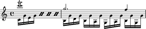 
\header {
  tagline = ##f
}

\score {
  \new Staff \with {

  }
<<
  \relative c' {
    \key c \major
    \time 4/4
    \override TupletBracket #'bracket-visibility = ##f 
    \autoBeamOff

     %%%%%%%%%%%%%%%%%%%%%%%%%% K28
     << { c''1\trill g2. f4 } \\ { \repeat percent 4 { c,16[ g' e g]} b, g' d g] b,[ g' a, g'] g,[ g' a, g'] b,[ g' g, g'] } >>

  }
>>
  \layout {
    \context {
      \remove "Metronome_mark_engraver"
    }
  }
  \midi {}
}
