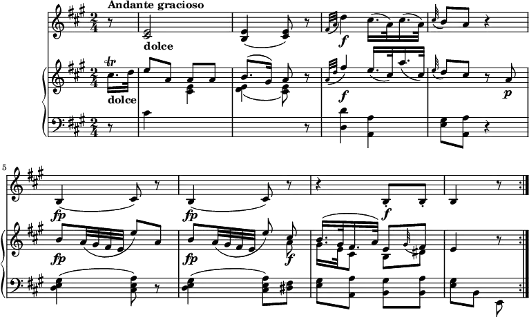 \version "2.18.2"
\header {
tagline = ##f
}
upper = \relative c'' {
\key a \major
\time 2/4
\tempo 4 = 60
\partial 8 cis16.\trill _ \markup \bold {"dolce"} d32
\stemUp e8 a, a a
b8. ^( gis16) a8 r
\grace {a32 (d} fis4) \f e16. (cis32) a'16. (cis,32)
\grace e32 (d8) cis r8 a \p
b \fp a32 (gis fis e e'8) a,
b \fp a32 (gis fis e e'8)
<<{\stemDown a,8 \f gis16. e32 cis8 b dis} \\ { \stemUp cis'8 b16. ^ (gis32 fis16. a32) e8 \grace gis32 (fis8)}>>
e4 r8 \bar ":|."
}
lower = \relative c' {
\clef bass
\key a \major
\time 2/4
\partial 8 r8 cis4 \change Staff =upper \stemDown <cis e>4 <d e> _ (<cis e>8) \change Staff =lower r8
<d, d'>4 <a a'>
<e' gis>8 <a, a'> r4
<d e gis>4 (<cis e a>8) r
<d e gis>4 (<cis e a>8) <dis fis>8
<e gis> <a, a'> <b gis'> <b a'>
<e gis> b e, \bar ":|."
}
vl = \relative c'' {
\key a \major
\time 2/4
\partial 8 r8 ^ \markup \bold {{"Andante gracioso"}} <cis, e>2 _ \markup \bold {"dolce"}
<b e>4 (<cis e>8) r8
\grace {fis32 (a} d4\f) cis16. (a32) cis16. (a32)
\grace cis32 (b8) a r4
b, \fp (cis8) r8
b4 \fp (cis8) r8
r4 b8-.\f b-.
b4 r8 \bar ":|."
}
\score {
\new GrandStaff <<
\new PianoStaff <<
\new Staff = "upper" \upper
\new Staff = "lower" \lower
\set Staff.midiMinimumVolume = #0.2 \set Staff.midiMaximumVolume = #0.5
>>
\new Staff = "vl" \vl
>>
\layout {
\context {
\Score
\remove "Metronome_mark_engraver"
}
}
\midi { }
}