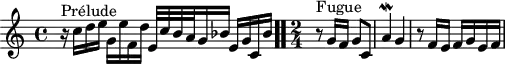 
\version "2.18.2"
\header {
  tagline = ##f
}

\score {
  \new Staff \with {

  }
<<
  \relative c'' {
    \key c \major
    \time 4/4
    \set Staff.midiInstrument = #"harpsichord" 

     %% INCIPIT CBT II-1, BWV 870, ut majeur
     r16^\markup{Prélude} c d e g, e' f, d' e,32 c' b a g16 bes e,[ g c, bes'] \bar ".."
     \time 2/4
     r8^\markup{Fugue} g16[ f] g8 c, a'4\mordent  g r8 f16 e f g e f

  }
>>
  \layout {
     #(layout-set-staff-size 17)
     \context { \Score \remove "Metronome_mark_engraver"
     \override SpacingSpanner.common-shortest-duration = #(ly:make-moment 1/2)
       }
  }
  \midi {}
}
