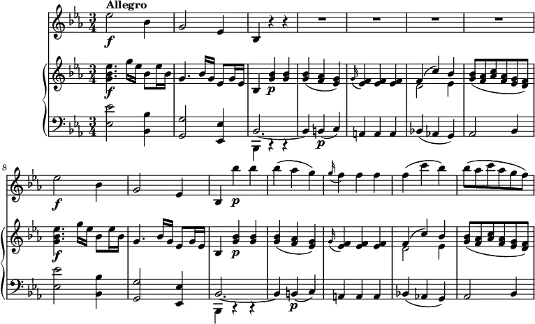 \version "2.18.2"
\header {
tagline = ##f
}
upper = \relative c'' {
\key ees \major
\time 3/4
\tempo 4 = 130
<g bes ees>4.\f g'16 ees bes8 ees16 bes
g4. bes16 g ees8 g16 ees
bes4 <g' bes>4 \p<g bes>
<g bes> (<f aes> <ees g>)
\grace g16 (<ees f>4) <ees f> <ees f>
<<{\stemDown d2 ees4 } \\ { \stemUp f4 ^ (c') bes}>>
<g bes>8 (<f aes> <aes c> <f aes> <ees g> <d f>)
<g bes ees>4.\f g'16 ees bes8 ees16 bes
g4. bes16 g ees8 g16 ees
bes4 <g' bes>4 \p<g bes>
<g bes> (<f aes> <ees g>)
\grace g16 (<ees f>4) <ees f> <ees f>
<<{\stemDown d2 ees4 } \\ { \stemUp f4 ^ (c') bes}>>
<g bes>8 (<f aes> <aes c> <f aes> <ees g> <d f>)
}
lower = \relative c {
\clef bass
\key ees \major
\time 3/4
<ees ees'>2 <bes bes'>4
<g g'>2 <ees ees'>4
<<{\stemDown bes4 c\rest c\rest} \\ { \stemUp bes'2. ~ bes4}>>
b4\p (c)
a a a
bes! (aes! g)
aes2 bes4
<ees ees'>2 <bes bes'>4
<g g'>2 <ees ees'>4
<<{\stemDown bes4 c\rest c\rest} \\ { \stemUp bes'2. ~ bes4}>>
b4\p (c)
a a a
bes! (aes! g)
aes2 bes4
}
vl = \relative c'' {
\key ees \major
\time 3/4
ees2\f^ \markup \bold {{"Allegro"}} bes4
g2 ees4 bes r r \repeat unfold 4 {R1*3/4}
ees'2\f bes4
g2 ees4 bes bes'' \p bes
bes (aes g) \grace g16 (f4) f f
f (c' bes)
bes8 (aes c aes g f)
}
\score {
\new GrandStaff <<
\new PianoStaff <<
\new Staff = "upper" \upper
\new Staff = "lower" \lower
\set Staff.midiMinimumVolume = #0.2 \set Staff.midiMaximumVolume = #0.5
>>
\new Staff = "vl" \vl
>>
\layout {
\context {
\Score
\remove "Metronome_mark_engraver"
}
}
\midi { }
}