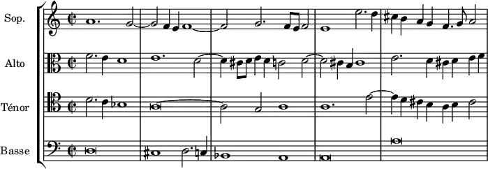 \version "2.18.2"
\header {
tagline = ##f
}
global= {
\time 2/1
\set Staff.timeSignatureFraction = 2/2
\key c \major
}
Soprano = \new Voice \relative c'' {
\set Staff.instrumentName = #"Sop."
\set Staff.midiInstrument = #"orchestral harp"
\tempo 2 = 92
a1. g2~ g f4 e f1~ f2 g2. f8 e f2 | e1 e'2. d4 | cis b a g f4. g8 a2
%\addlyrics { } % impossible de mettre le texte pour l'instant...
}
Alto = \new Voice \relative c' {
\set Staff.instrumentName = #"Alto"
\clef alto
\set Staff.midiInstrument = #"orchestral harp" %recorder"
f2. e4 d1 e1. d2~ d4 cis8 d e4 d c2 d2~ d cis4 b cis1 | e2. d4 cis d e f
}
Tenor = \new Voice \relative c' {
\set Staff.instrumentName = #"Ténor"
\clef tenor
\set Staff.midiInstrument = #"orchestral harp"
d2. c4 bes1~ | a\breve~ a2 g a1 a1. e'2~ e4 d cis b a b cis2
}
Basse = \new Voice \relative c {
\set Staff.instrumentName = #"Basse"
\clef bass
\set Staff.midiInstrument = #"orchestral harp"
d\breve cis1 d2. c4 | bes1 a | a\breve | a'\breve
}
\score {
\new StaffGroup <<
\new Staff << \global \Soprano >>
\new Staff << \global \Alto >>
\new Staff << \global \Tenor >>
\new Staff << \global \Basse >>
>>
\layout {
#(layout-set-staff-size 17)
\context {
\Score
\remove "Metronome_mark_engraver"
\override SpacingSpanner.common-shortest-duration = #(ly:make-moment 1/2)
}
}
\midi { }
}
