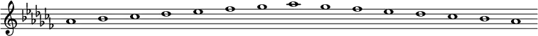 \new Staff {
\relative c'' {
\key as \minor
\override Staff.TimeSignature #'stencil = ##f
\override Staff.BarLine #'stencil = ##f
as1 bes ces des es fes ges as ges fes es des ces bes as
}
}
\midi {
\context {
\Score
tempoWholesPerMinute = #(ly:make-moment 120 1)
}
}