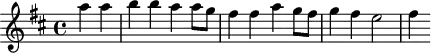 
\version "2.18.2"
\header {
  tagline = ##f
}

\score {
  \new Staff \with {

  }
<<
  \relative c''' {
    \key d \major
    \time 4/4
    %\set Staff.midiInstrument = #"violin"
    \override TupletBracket #'bracket-visibility = ##f 

     %%% Uccelini, Bergamasca
     \partial 2 a4 a b b a a8 g fis4 fis a g8 fis g4 fis e2 fis4

  }
>>
  \layout {
     \context { \Score \remove "Metronome_mark_engraver" }
  }
  \midi { \tempo 4 = 120 }
}
