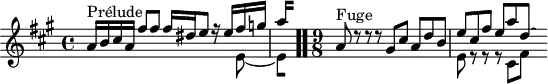 
\version "2.18.2"
\header { 
  tagline = ##f
}

\score {
  \new Staff \with {

  }
<<
  \relative c'' {
    \key a \major
    \time 4/4
	\set Staff.midiInstrument = #"harpsichord" 

     %% INCIPIT CBT I-5, BWV 850, ré majeur
     << { s4*0^\markup{Prélude} a16 b cis a fis'8 fis fis16 dis e8 r16 e fis g | \once \override Staff.TimeSignature #'stencil = ##f \time 1/8
{ 
 % suppression des warnings :
 #(ly:set-option 'warning-as-error #f)
 #(ly:expect-warning (_ "stem does not fit in beam")) %% <= à traduire éventuellement
 #(ly:expect-warning (_ "beam was started here")) %% <= à traduire éventuellement
  \set stemRightBeamCount = #2
  a4*1/4[ s]
} } \\ { s2 s4. e,8~ 
{ 
 % suppression des warnings :
 #(ly:set-option 'warning-as-error #f)
 #(ly:expect-warning (_ "stem does not fit in beam")) %% <= à traduire éventuellement
 #(ly:expect-warning (_ "beam was started here")) %% <= à traduire éventuellement
  \set stemRightBeamCount = #1
  e4*1/4[ s]
} } >> \bar ".."

    \time 9/8
     << { s4*0^\markup{Fuge} a8 d8\rest d8\rest d8\rest gis,8 cis a d b e cis fis e a d,~ \hideNotes d } \\ { s4.*3 e,8 r8 r8 r8 cis8 fis } >>

  }
>>
  \layout {
     \context { \Score \remove "Metronome_mark_engraver" 
     \override SpacingSpanner.common-shortest-duration = #(ly:make-moment 1/2) 
}
  }
  \midi {}
}
