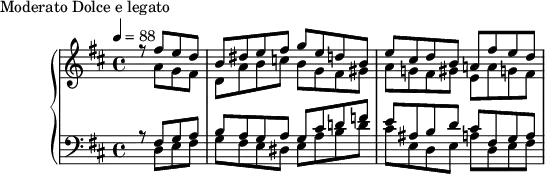 \version "2.18.2"
\header {
tagline = ##f
}
upper = \relative c'' {
\clef treble
\key d \major
\time 4/4
\tempo 4 = 88
%\autoBeamOff
%%Montgeroult — Étude 108 (pdf p. 182)
\partial 2
<< { r8 fis8 e d b dis e fis g e d! b e cis d b a! fis' e d } \\ { s8 a8 g fis d a' b c! b g fis gis a g! fis gis e a g! fis } >>
<< {} \\ {} >>
<< {} \\ {} >>
}
lower = \relative c {
\clef bass
\key d \major
\time 4/4
<< { r8 fis g a b a g a g cis d! f! e ais, b d cis fis, g a } \\ { s8 d,8 e fis g fis e dis e a b d cis e, d e a! d, e fis } >>
<< {} \\ {} >>
<< {} \\ {} >>
}
\header {
piece = "Moderato Dolce e legato"
}
\score {
\new PianoStaff <<
\new Staff = "upper" \upper
\new Staff = "lower" \lower
>>
\layout {
\context {
\Score
}
}
\midi { }
}