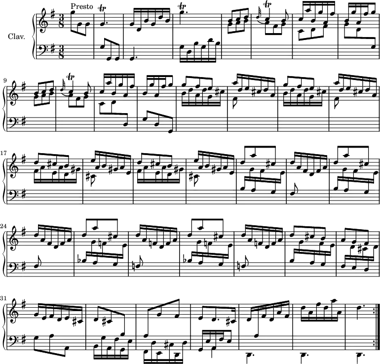 \version "2.18.2"
\header {
tagline = ##f
}
%% les petites notes
trillGp = { \tag #'print { g4.\trill } \tag #'midi { a32 g a g a g~ g16~ g8 } }
trillGpUp = { \tag #'print { g'4.\trill } \tag #'midi { a32 g a g a g~ g16~ g8 } }
trillCp = { \tag #'print { \appoggiatura d32 c4\trill } \tag #'midi { d32 c d c d c~ c16~ } }
upper = \relative c'' {
\clef treble
\key g \major
\time 3/8
\tempo 4. = 72
\set Staff.midiInstrument = #"harpsichord"
\repeat volta 2 {
s8*0^\markup{Presto}
g'8 g, g | \trillGp g16 d b' g d' b | \trillGpUp | \repeat unfold 2 { \stemUp b,8 c d | \trillCp b8 | c16 a' b, g' a, fis' | b, g' a, fis' g8 } | \repeat unfold 2 { g8 fis e | a16 d, e cis d a } | \repeat unfold 2 { d8 cis b | e16 a, b gis a e } |
% ms. 21
\repeat unfold 2 { d'8 a' cis, | d16 a fis d fis a } |
% ms. 25
d8 a' cis, | d16 a f d f a | d8 a' cis, | d16 a f d f a | d8 cis b | a g fis |
% ms. 31
g16 e fis d e cis | d8 cis \change Staff = "lower" b | a \change Staff = "upper" g' fis e d8. cis16 | d16 \change Staff = "lower" a \change Staff = "upper" fis' d a' fis \stemDown d' a fis' d a' a, | d4. }%reprise
}
lower = \relative c' {
\clef bass
\key g \major
\time 3/8
\set Staff.midiInstrument = #"harpsichord"
\repeat volta 2 {
% *****************************
s4. | g8 g, g | g4. | g'16 d b' g d' b | \stemDown \change Staff = "upper" g'8 a b | a fis g | c, d fis | g d \stemUp \change Staff = "lower" g, |
% ms. 9
\stemDown \change Staff = "upper" g'8 a b | a fis g | c, d \stemUp \change Staff = "lower" d, | g d \tempo 4. = 45 g, | \tempo 4. = 72 \stemDown \change Staff = "upper" \repeat unfold 2 { b''16 d a d g, cis | fis,8 s4 } |
% ms. 17
\repeat unfold 2 { fis16 a e a d, gis cis,8 s4 } | \repeat unfold 2 { \stemUp \change Staff = "lower" b16 \stemDown \change Staff = "upper" g' \stemUp \change Staff = "lower" a, \stemDown \change Staff = "upper" fis' \stemUp \change Staff = "lower" g, \stemDown \change Staff = "upper" e' | \stemUp \change Staff = "lower" fis,8 s4 } |
% ms. 25
\repeat unfold 2 { bes16 \stemDown \change Staff = "upper" g' \stemUp \change Staff = "lower" a, \stemDown \change Staff = "upper" f' \stemUp \change Staff = "lower" g, \stemDown \change Staff = "upper" e' | \stemUp \change Staff = "lower" f,8 s4 } | b16 \stemDown \change Staff = "upper" g' \stemUp \change Staff = "lower" a, \stemDown \change Staff = "upper" fis' \stemUp \change Staff = "lower" g, \stemDown \change Staff = "upper" e' | \stemUp \change Staff = "lower" fis, \stemDown \change Staff = "upper" d' \stemUp \change Staff = "lower" e, \stemDown \change Staff = "upper" cis' \stemUp \change Staff = "lower" d, \stemDown \change Staff = "upper" d' |
% ms. 31
\change Staff = "lower" g,8 a a, | b16 g' a, fis' g, e' | fis, d' e, cis' d, d' | << { g,16 e' a, fis' e8 } \\ { s8 a,4 } >> | d,4. d \tempo 4. = 45 d \tempo 4. = 72 }%reprise
}
thePianoStaff = \new PianoStaff <<
\set PianoStaff.instrumentName = #"Clav."
\new Staff = "upper" \upper
\new Staff = "lower" \lower
>>
\score {
\keepWithTag #'print \thePianoStaff
\layout {
#(layout-set-staff-size 17)
\context {
\Score
\override SpacingSpanner.common-shortest-duration = #(ly:make-moment 1/2)
\remove "Metronome_mark_engraver"
}
}
}
\score {
\unfoldRepeats
\keepWithTag #'midi \thePianoStaff
\midi { }
}