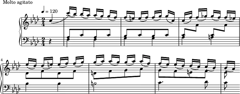 
\version "2.18.2"
\header {
  tagline = ##f
}
upper = \relative c'' {
  \clef treble 
  \key f \minor
  \time 2/4
  \tempo 4 = 120
  %\autoBeamOff

   %%Montgeroult — Étude 55 (pdf p. 174)
   \partial 4
   << { c4_( c'16[)_( bes]) bes[_( aes]) aes[_( g]) g[_( f]) } \\ { s4  \stemUp \change Staff = "lower" aes,,8[ c  aes c]  } >>
   << { f'16[_( e!]) e[_( f]) f[_( g]) g[_( c,]) } \\ { \stemUp \change Staff = "lower" bes,8[ c bes c] } >>
   << { c'16[_( f]) f[_( ges]) ges[_( f]) f[_( ees!])  } \\ { \repeat unfold 2 { \stemUp \change Staff = "lower" c,8 \stemDown \change Staff = "upper" f } } >>
   << { ees'16[_( des]) des[_( e!]) e[_( f]) f[_( g]) g[_( aes]) aes[_( g]) g[_( aes]) aes[_( f]) } \\ { des,8[ f des f] d![ f g aes] } >>
   << { f'16[_( ees]) ees[_( des]) des[_( c]) c[_( bes]) bes[_( aes]) } \\ { g8[ f e! f] ees } >>

}

lower = \relative c {
  \clef bass
  \key f \minor
  \time 2/4

   r4 f4 f g g aes a! bes bes b!2 c4.  des8 c8

}

  \header {
    piece = "Molto agitato"
  }

\score {
  \new PianoStaff <<
    \new Staff = "upper" \upper
    \new Staff = "lower" \lower
  >>
  \layout {
    \context {
      \Score
      
    }
  }
  \midi { }
}

