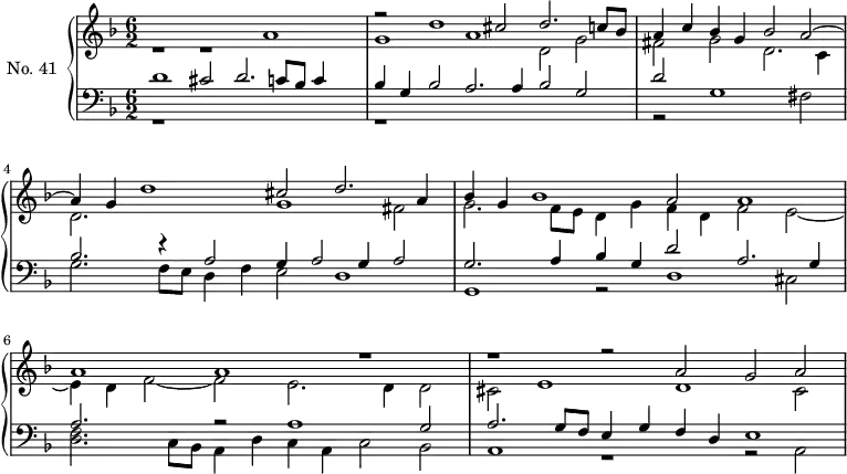 \version "2.14.2"
\header {
tagline = ##f
}
upper = \relative c' {
\clef treble
\key f \major
\time 6/2
\tempo 2 = 68
\autoBeamOff
<< { } \\ { r1 r1 a'1 } >>
<< { r2 d1 cis2 d2. c8 bes } \\ { g1 a d,2 g2 } >>
\once \override Staff.TimeSignature #'stencil = ##f
\time 4/2
<< { a4 c bes g bes2 a2~ } \\ { fis2 g d2. c4 } >>
\once \override Staff.TimeSignature #'stencil = ##f
\time 6/2
<< { a'4 g d'1 cis2 d2. a4 } \\ { d,2. s4 s2 g1 fis2 } >>
<< { bes4 g bes1 a2 a1 } \\ { g2. f8e d4 g f d f2 e~ } >>
<< { a1 a1 r1 } \\ { e4 d f2~ f2 e2. d4 d2 } >>
<< { r1 r2 a'2 g a~ } \\ { cis,2 e1 d1 cis2 } >>
}
lower = \relative c {
\clef bass
\key f \major
\time 6/2
<< { d'1 cis2 d2. c8 bes8 c4 } \\ { r1*3 } >>
<< { bes4 g bes2 a2. a4 bes2 g } \\ { r1*3 } >>
\once \override Staff.TimeSignature #'stencil = ##f
<< { d'2 } \\ { r2 g,1 fis2 } >>
\once \override Staff.TimeSignature #'stencil = ##f
<< { bes2. r4 a2 g4 a2 g4 a2 } \\ { g2. f8 e d4 f e2 d1 } >>
<< { g2. a4 bes g d'2 a2. g4 } \\ { g,1 r2 d'1 cis2 } >>
<< { a'2.s4 r2 a1 g2 } \\ { << f2. d2. >> c8 bes8 a4 d c a c2 bes } >>
<< { a'2. g8 f e4 g f d e1 } \\ { a,1 r1 r2 a2 } >>
}
\score {
\new PianoStaff <<
\set PianoStaff.instrumentName = #"No. 41"
\new Staff = "upper" \upper
\new Staff = "lower" \lower
>>
\layout {
\context {
\Score
\remove "Metronome_mark_engraver"
}
}
\midi { \set Staff.midiInstrument = #"church organ" }
}