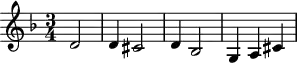 \version "2.18.2"
\header {
tagline = ##f
}
\score {
\new Staff \with {
}
<<
\relative c' {
\key d \minor
\time 3/4
\tempo 4 = 60
\set Staff.midiInstrument = #"violin"
%%% BWV 1004 — Chaconne
\partial2 d2 d4 cis2 d4 bes2 g4 a cis
}
>>
\layout {
\context { \Score \remove "Metronome_mark_engraver" }
}
\midi {}
}