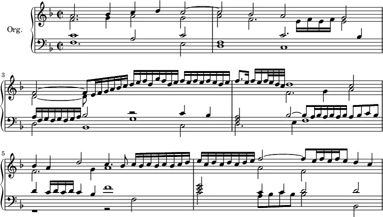 
\version "2.18.2"
\header {
  tagline=##f
}

%%%%%%%%%% KEYS %%%%%%%%%%%%%

global={ \time 2/1
           \set Staff.timeSignatureFraction=2/2
         }
Key={ \key f \major }

rhUpper=\relative c'' {
  \voiceOne
  \Key
  a2. bes4 c d c2~ c bes a g|f~ f8 e16 f g a bes c|d e f d g f d e f[ e f e f e d e]|f8.[ e16] f e f32 e d c d1 c2|bes4 a d2 c4. bes8 c16[ bes c bes c bes c d] e c d c d c d e f2~ f8 e16 f e f e8 d4 c
}
rhLower=\relative c' {
  \voiceTwo
  \Key
  f2. g4  a2 g a f2. e16 f e f e2|d2~ d8 s8 s4*7 f2. g4 a2 |f2. g4 a1 s2 a2 f
}

lhUpper=\relative c' {
  \voiceOne
  \Key
  c1 a2 c f,1 c'2. bes4 a16 f g f g f g a bes2 << { r2 c4 bes } \\ { g1 } >>|< f a >2 bes2~ bes8 a16 bes a bes a bes a8[ bes c bes]|d4 c16 d c d c4 bes f'1 < e g >2 c4 c  d2 d
}
lhLower=\relative c {
  \voiceTwo
  \Key
  f1. e2 d1 c|d2 bes1 c2 d2. e4 f1 r1 r2 f2 c'2 a8 bes c bes bes2 bes,~ 
}

PianoRH={
  \clef treble
  \global
  \set Staff.midiInstrument=#"trumpet"
  <<
    \new Voice="one" \rhUpper
    \new Voice="two" \rhLower
  >>
}
PianoLH={
  \clef bass
  \global
  \set Staff.midiInstrument=#"church organ"
  <<
    \new Voice="one" \lhUpper
    \new Voice="two" \lhLower
  >>
}

piano={
  <<
    \set PianoStaff.instrumentName=#"Org."
    \new Staff="upper" \PianoRH
    \new Staff="lower" \PianoLH
  >>
}

\score {
  \new PianoStaff <<
    \new PianoStaff="piano" \piano
  >>
  \layout {
    #(layout-set-staff-size 17)
    \override SpacingSpanner.common-shortest-duration=#(ly:make-moment 1/16)
    \context {
      \Score
      \remove "Metronome_mark_engraver"
    }
  }
  \midi { \tempo 2=66 }
}
