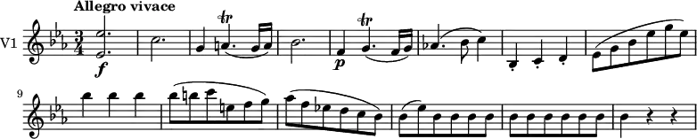 << \new Staff \with { instrumentName = #"V1 "}
\relative c'' {
\version "2.18.2"
\key ees \major
\tempo "Allegro vivace"
\time 3/4
\tempo 4 = 160
<ees, ees'>2.\f c' g4 a4. \trill (g16 a) bes2.
f4 \p g4. \trill (f16 g)
aes!4. (bes8 c4)
bes,4-. c-. d-.
ees8 (g bes ees g ees)
bes'4 bes bes
bes8 (b c e, f g)
aes (f ees! d c bes)
bes (ees) \repeat unfold 10 {bes8}
bes4 r r
}
>>