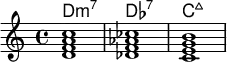 <<
\new ChordNames \chordmode {
d1:m7 des:7 c:maj
}
\new Staff \relative c'{
<d f a c> < des f aes ces > <c e g b> }
>>
