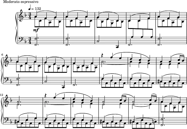 \version "2.18.2"
\header {
tagline = ##f
}
upper = \relative c'' {
\clef treble
\key f \major
\time 3/4
\tempo 4 = 132
%\autoBeamOff
%%Montgeroult — Étude 21 (pdf p. 58)
<< { a4(\mf f g) a( f a) g( e c) } \\ { a'8 c, f a, g' bes, a' c, f a, a' c, g' bes, e g, c bes } >>
<< { c4(c f) } \\ { c8 \stemUp \change Staff = "lower" a \stemDown \change Staff = "upper" c \stemUp \change Staff = "lower" a \stemDown \change Staff = "upper" f' \stemUp \change Staff = "lower" a, } >> \change Staff = "upper"
<< { a'4( f g) a( f a) g( e c) } \\ { a'8 c, f a, g' bes, a' c, f a, a' c, g' bes, e g, c bes } >>
<< { f'4 c f } \\ { f8 a, c a f' a, } >>
<< { r4 f''4( e d c bes) a a( c8 bes) a2. } \\ { a2.~ a4 g f e e f e2. } >>
<< { r4 f'4( e d c bes) a2 c8( bes a2) c8( bes) } \\ { a2.~ a4 g f e2 f4 e2~ e4 } >>
<< { a4( f g) } \\ { a8 c, f a, g' bes, } >>
}
lower = \relative c {
\clef bass
\key f \major
\time 3/4
\repeat unfold 2 { < f f, >2. q c2 c,4 f2. }
<< { f'4( d e) f( e d) cis( cis d) cis( e g) f( d e) f( e d) cis( cis d) cis e } \\ { f8 a, d a e' a, f' a, e' a, d a | cis a cis a d a cis a e' a, g' a, f' a, d a e' a, f' a, e' a, d a cis a cis a d a cis^( a e' a, g c) } >>
< f f, >2.
}
\header {
piece = "Moderato espressivo"
}
\score {
\new PianoStaff <<
\new Staff = "upper" \upper
\new Staff = "lower" \lower
>>
\layout {
\context {
\Score
}
}
\midi { }
}