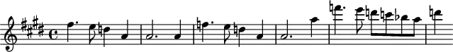 
\header {
  tagline = ##f
}

\score {
  \new Staff \with {

  }
<<
  \relative c'' {
    \key e \major
    \time 4/4
    \tempo 4 = 85
    \override TupletBracket #'bracket-visibility = ##f
    %\autoBeamOff
    \set Staff.midiInstrument = #"string ensemble 1"

     %%% AB 7-1 th3
     fis4. e8 d!4 a a2. a4 f'!4. e8 d!4 a a2. a'4 f'!4. e8 d! c! bes a d!4

  }
>>
  \layout {
    \context { \Score \remove "Metronome_mark_engraver"
    }
  }
  \midi {}
}
