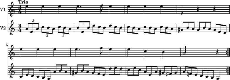 << \new Staff \with { instrumentName = #"V1 "}
\relative c'' {
\version "2.18.2"
\key c \major
\tempo "Trio"
\time 3/4
\tempo 4 = 100
e4 e e e4. f8 e4 e e e e, r r
e' e e e4. f8 e4 e c b a2 r4 \bar ":|."
}
\new Staff \with { instrumentName = #"V2 "}
\relative c'' {
\key c \major
\set Staff.midiMinimumVolume = #0.2 \set Staff.midiMaximumVolume = #0.5
\tuplet 3/2 {a8 e a} \tuplet 3/2 {c b a} \tuplet 3/2 {c b a}
\scaleDurations 2/3 {b e, b'} \scaleDurations 2/3 {d c b} \scaleDurations 2/3 {d c b}
\repeat unfold 3 { \scaleDurations 2/3 { c b a}}
\scaleDurations 2/3 {gis b a} \scaleDurations 2/3 {gis b a} \scaleDurations 2/3 {gis e d}
\scaleDurations 2/3 {c e d} \scaleDurations 2/3 {c b a} \scaleDurations 2/3 {a' b a}
\scaleDurations 2/3 {gis b a} \scaleDurations 2/3 {gis f e} \scaleDurations 2/3 {d' e d}
\scaleDurations 2/3 {c e c} \scaleDurations 2/3 {a e a} \scaleDurations 2/3 {gis fis gis}
\scaleDurations 2/3 {a f! e} \scaleDurations 2/3 {d c b} a4 \bar ":|."
}
>>