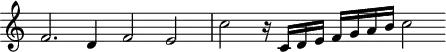 \header {
tagline = ##f
}
\score {
\new Staff \with {
\remove "Time_signature_engraver"
}
<<
\relative c' {
\key c \major
%\clef bass
\time 4/2
\override TupletBracket #'bracket-visibility = ##f
%%% f° 57v
f2. d4 f2 e c' r16 c,16 d e f g a b c2
}
>>
\layout {
\context { \Score \remove "Metronome_mark_engraver" }
}
\midi {}
}