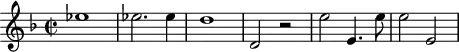 
\header {
  tagline = ##f
}

\score {
  \new Staff \with {

  }
<<
  \relative c'' {
    \key f \major
    \time 2/2
    \tempo 2 = 80
    \override TupletBracket #'bracket-visibility = ##f 
    %\autoBeamOff
    \set Staff.midiInstrument = #"French horn"

     %%%%%%%%%%%%%%%%%%%%%%%%%% AB 3-4 th1
     ees1 ees!2. ees4 d1 d,2 r2 e'2 e,4. e'8 e2 e, 

  }
>>
  \layout {
    \context { \Score \remove "Metronome_mark_engraver"
    }
  }
  \midi {}
}
