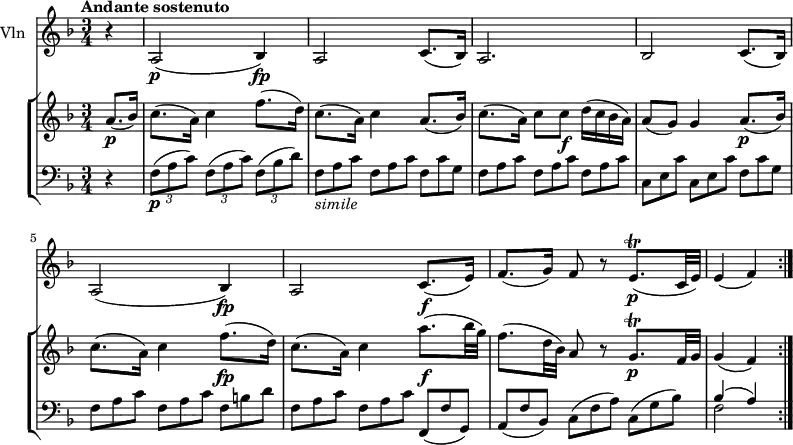 \new GrandStaff <<
\new StaffGroup <<
\new Staff {
\version "2.18.2"
\tempo "Andante sostenuto"
\clef treble
\key f \major
\time 3/4
\tempo 4 = 70
\relative c'' {
\partial 4 a8. \p (bes16)
c8. (a16) c4 f8. (d16)
c8. (a16) c4 a8. (bes16)
c8. (a16) c8 c \f d16 (c bes a)
a8 (g) g4 a8.\p (bes16)
c8. (a16) c4 f8.\fp (d16)
c8. (a16) c4 a'8.\f (bes32 g)
f8. (d32 bes) a8 r8 g8.\trill \p f32 g g4 (f) \bar ":|."
}
}
\new Staff {
\clef bass
\key f \major
\time 3/4
\relative c {
\partial 4 r4
\tuplet 3/2 {f8 \p (a c)} \tuplet 3/2 {f,8 (a c)} \tuplet 3/2 {f,8 (bes d)}
\scaleDurations 2/3 {f,8_\markup{\italic simile} a c f, a c f, c' g f a c f, a c f, a c c, e c' c, e c' f, c' g f a c f, a c f, b d
f, a c f, a c f,, (f' g,) a (f' bes,) c (f a) c, (g' bes) } <<\stemDown {f2} \\ \stemUp {bes4 ^ (a)}>> \bar ":|."
}
}
>>
\new Staff { \set Staff.instrumentName = "Vln"
\relative c'' {
\key f \major
\time 3/4
\partial 4 r4 a,2 \p (bes4) \fp
a2 c8. (bes16)
a2.
bes2 c8. (bes16)
a2 (bes4) \fp
a2 c8. \f (e16)
f8. (g16) f8 r8 e8.\trill \p (c32 e)
e4 (f) \bar ":|."
}
}
>>