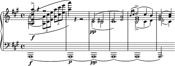 
	\new PianoStaff <<
		\new Staff = "r" <<
			\clef "violin"
			\key a \major
			\new Voice {
				\voiceOne
				\relative {
					< a e' cis' a' >4\f\accent r r2
					s1
					e'2( dis
					e2 < e a >)
					<< { \grace { b'16( cis } d2\accent )( cis4 b) } \\ gis1 e >>
					<< e2. { <gis b>2( <a cis>4) } >>
				}
			}
			\new Voice {
				\voiceTwo
				\relative {
					<a~ a'~>2^(_( \tuplet 3/2 { <a a'>8 <cis cis'> <e e'> } \tuplet 3/2 { < a a'> <cis cis'> <e e'> }
					<a a'>4)) r r2
					cis,,2\pp( b
					cis1)
					b2\accent( cis4 d)
					d2( cis4)

				}
			}
		>>
		\new Staff = "l" <<
			\clef "bass"
			\key a \major
			\new Voice {
				\relative { a,,1\f( a\p)( a\pp) ( a) ( a) ( a2.) }
			}
		>>
	>>
