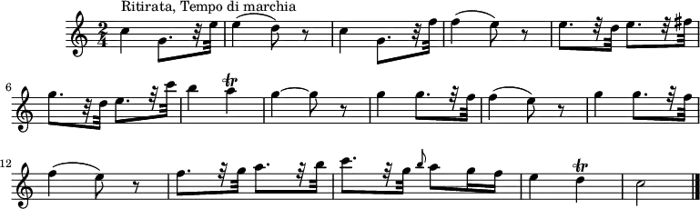 
\header {
  tagline = ##f
}

\score {
  \new Staff \with {

  }
<<
  \relative c'' {
    \key c \major
    \time 2/4
    \tempo 4 = 120
    \override TupletBracket #'bracket-visibility = ##f
    \set Staff.midiInstrument = #"violin" 
    %\autoBeamOff

     %%%%%%%%%%%%%%%%%%%%%%%%%% Ritirata - thème
     c4^"Ritirata, Tempo di marchia" g8.[ r32 e'32] e4( d8) r8 c4 g8.[ r32 f'32] f4( e8) r8 e8.[ r32 d32] 
     e8.[ r32 fis32] g8.[ r32 d32] e8.[ r32 c'32] b4 a\trill g4~ g8 r8
     \repeat unfold 2 { g4 g8.[ r32 f32] f4( e8) r8 } f8.[ r32 g32] a8.[ r32 b32] c8.[ r32 g32] \grace b8 a8 g16 f e4 d\trill c2 \bar "|."

  }
>>
  \layout {
     \context { \Score \remove "Metronome_mark_engraver" }
  }
  \midi {}
}
