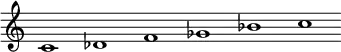 \relative c' {\override Score.BarLine.stencil = ##f \override Score.TimeSignature.stencil = ##f c1 des f ges bes c}