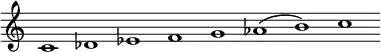 \new Staff = "haut" \with {\remove "Time_signature_engraver"}{
\cadenzaOn
\relative c' {c1 des ees f g aes( b) c}
}