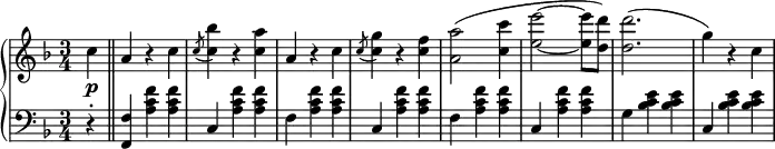 \relative b' {
\new PianoStaff <<
\new Staff { \key d \minor \time 3/4
\tempo \markup {
\column {
}
}
\partial 4 c\p \bar "||" a r c \slashedGrace c8( <c bes'>4) r <c a'> a r c \slashedGrace c8( <c g'>4) r <c f> <a a'>2( <c c'>4 <e e'>2~ <e e'>8 <d d'>) <d d'>2.( g4) r c,
}
\new Staff { \key d \minor \time 3/4 \clef bass
r-. <f,, f,> <a c f> <a c f> c, <a' c f> <a c f> f <a c f> <a c f> c, <a' c f> <a c f> f <a c f> <a c f> c, <a' c f> <a c f> g <bes c e> <bes c e> c, <bes' c e> <bes c e> }
>>
}