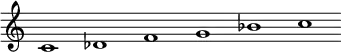 \relative c' {\override Score.BarLine.stencil = ##f \override Score.TimeSignature.stencil = ##f c1 des f g bes c}