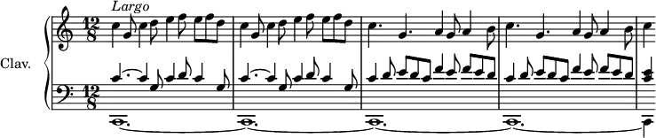 \version "2.18.2"
\header {
tagline = ##f
}
upper = \relative c'' {
\clef treble
\key c \major
\time 12/8
\tempo 4. = 56
\set Staff.midiInstrument = #"church organ"
\override TupletBracket #'stencil = ##f
\override Score.BarNumber #'stencil = ##f
\bar " "
c4^\markup { \column { \italic Largo} } g8 c4 d8 e4 f8 e f d | c4 g8 c4 d8 e4 f8 e f d | c4. g a4 g8 a4 b8 | c4. g a4 g8 a4 b8 | c4
}
lower = \relative c {
\clef bass
\key c \major
\time 12/8
\set Staff.midiInstrument = #"church organ"
\override TupletBracket #'stencil = ##f
<< {c'4.~ c4 g8 c4 d8 c4 g8 |c4.~ c4 g8 c4 d8 c4 g8|c4 d8 e d c f4 e8 f e d | c4 d8 e d c f4 e8 f e d |<c e>4}
\\ {c,,1.~ |c1.~ |c1.~|c1.~|c4} >>
}
thePianoStaff = \new PianoStaff <<
\set PianoStaff.instrumentName = #"Clav."
\new Staff = "upper" \upper
\new Staff = "lower" \lower
>>
\score {
\keepWithTag #'print \thePianoStaff
\layout {
#(layout-set-staff-size 17)
\context {
\Score
\override SpacingSpanner.common-shortest-duration = #(ly:make-moment 1/2)
\remove "Metronome_mark_engraver"
}
}
}
\score {
\keepWithTag #'midi \thePianoStaff
\midi { }
}