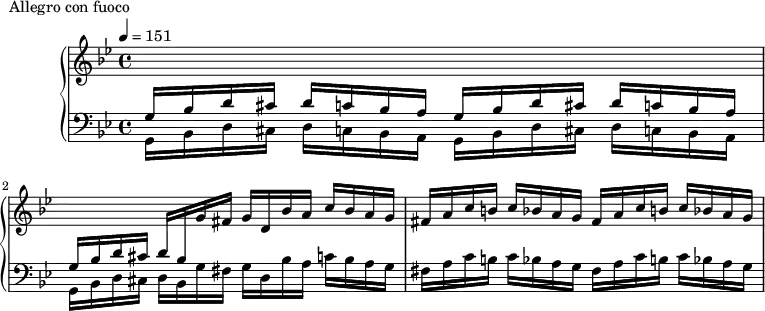 \version "2.18.2"
\header {
tagline = ##f
}
upper = \relative c' {
\clef treble
\key g \minor
\time 4/4
\tempo 4 = 151
%\autoBeamOff
%%Montgeroult — Étude 39 (pdf p. 110)
\change Staff = "lower" \stemUp \repeat unfold 2 { g16 bes d cis d c bes a }
g16 bes d cis d bes \change Staff = "upper" g' fis g d bes' a c bes a g
\repeat unfold 2 { fis16 a c b c bes a g }
}
lower = \relative c {
\clef bass
\key g \minor
\time 4/4
\stemDown \repeat unfold 2 { g16 bes d cis d c bes a }
g16 bes d cis d bes g' fis g d bes' a c bes a g
\repeat unfold 2 { fis16 a c b c bes a g }
}
\header {
piece = "Allegro con fuoco"
}
\score {
\new PianoStaff <<
\new Staff = "upper" \upper
\new Staff = "lower" \lower
>>
\layout {
\context {
\Score
}
}
\midi { }
}