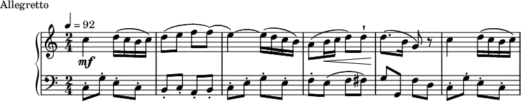 
\version "2.18.2"
\header {
  tagline = ##f
}
upper = \relative c'' {
  \clef treble 
  \key c \major
  \time 2/4
  \tempo 4 = 92
  \override TupletBracket.bracket-visibility = ##f

   %%Montgeroult — Étude 4 (pdf p. 22)
   c4\mf d16( c b c) d8([ e] f f)( e4~) e16( d c b) a8( b16\< c d8) d-! d8.(\! b16 g8) r8 c4 d16( c b c)

}

lower = \relative c {
  \clef bass
  \key c \major
  \time 2/4

  c8-. g'-. e-. c-. b-.[ c-.] a-. b-. c-. e-. g-. e-. f-. e( f fis) g g, f' d c8-. g'-. e-. c-.

}

  \header {
    piece = "Allegretto"
  }

\score {
  \new PianoStaff <<
    \new Staff = "upper" \upper
    \new Staff = "lower" \lower
  >>
  \layout {
    \context {
      \Score
      
    }
  }
  \midi { }
}
