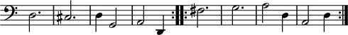 \version "2.18.2"
\header {
tagline = ##f
}
\score {
\new Staff \with {
\remove "Time_signature_engraver"
}
\relative c {
\key c \major
\time 3/4
\tempo 2 = 50
\autoBeamOff
\clef bass
\override Rest #'style = #'classical
\set Staff.midiInstrument = #"recorder"
\repeat volta 2 {
d2. cis d4 g,2 a d,4
}
\repeat volta 2 {
fis'2. g a2 d,4 a2 d4
}
}
\layout {
\context {
\Score
\remove "Metronome_mark_engraver"
}
}
\midi {}
}