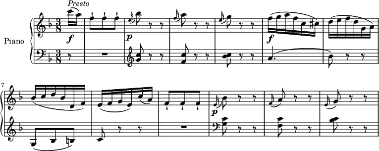 \version "2.18.2"
\header {
tagline = ##f
}
upper = \relative c' {
\clef treble
\key f \major
\time 3/8
\tempo "Presto"
\tempo 4 = 130
\partial 8 c''16 \f ^\markup{ \italic { Presto} } (a)
f8-! f-! f-!
\grace e16 \p (bes'8) r r
\grace f16 (a8) r r
\grace e16 (g8) r r
f16\f (g a f c cis)
d (e f d g, a)
bes (c d bes d, f)
e (f g e) c' (a)
f8-! f-! f-!
\grace e16 \p (bes'8) r r
\grace f16 (a8) r r
\grace e16 (g8) r r
}
lower = \relative c' {
\clef bass
\key f \major
\time 3/8
\partial 8 r8 R1*3/8 \clef treble
<g' c>8 r r
<f c'> r r
<bes c> r r
a4. (bes8) r r
g, (bes b) c r r R1*3/8 \clef bass
<g c>8 r r
<f c'> r r
<bes c> r r
}
\score {
\new PianoStaff <<
\set PianoStaff.instrumentName = #"Piano"
\new Staff = "upper" \upper
\new Staff = "lower" \lower
>>
\layout {
\context {
\Score
\remove "Metronome_mark_engraver"
}
}
\midi { }
}