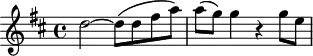 
\header {
  tagline = ##f
}

\score {
  \new Staff \with {

  }
<<
  \relative c'' {
    \key d \major
    \time 4/4
    \override TupletBracket #'bracket-visibility = ##f 
    \autoBeamOff

     %%%%%%%%%%%%%%%%%%%%%%%%%% K29
    d2~ d8([ d fis a]) a([ g]) g4 r4 g8[ e]
  }
>>
  \layout {
    \context {
      \remove "Metronome_mark_engraver"
    }
  }
  \midi {}
}
