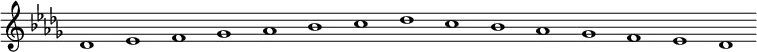 \new Staff {
\relative c' {
\key des \major
\override Staff.TimeSignature #'stencil = ##f
\override Staff.BarLine #'stencil = ##f
des1 es f ges as bes c des c bes as ges f es des
}
}
\midi {
\context {
\Score
tempoWholesPerMinute = #(ly:make-moment 120 1)
}
}