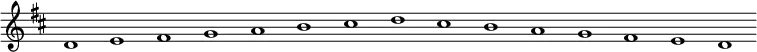 \new Staff {
\relative c' {
\key d \major
\override Staff.TimeSignature #'stencil = ##f
\override Staff.BarLine #'stencil = ##f
d1 e fis g a b cis d cis b a g fis e d
}
}
\midi {
\context {
\Score
tempoWholesPerMinute = #(ly:make-moment 120 1)
}
}
