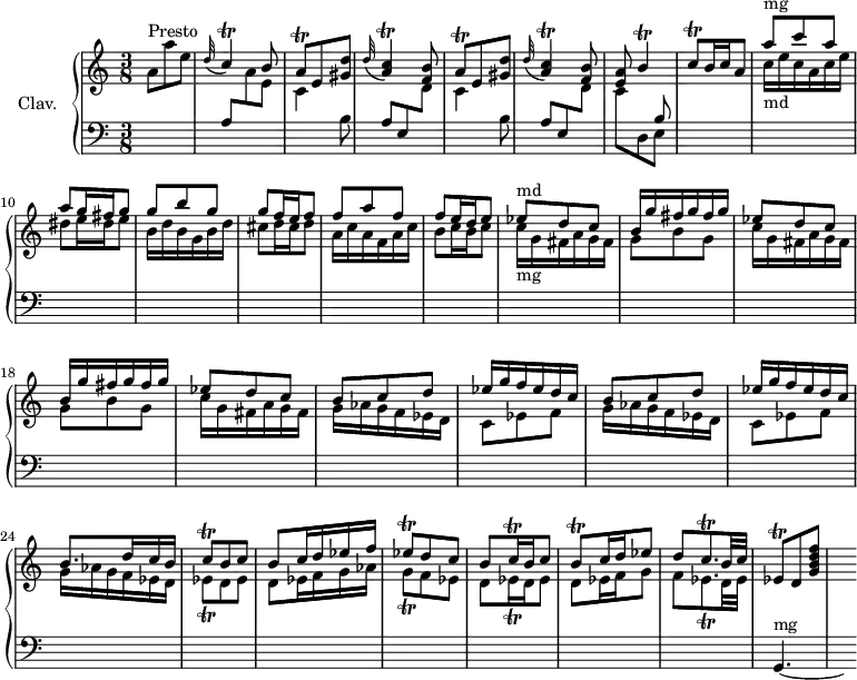 \version "2.18.2"
\header {
tagline = ##f
}
%% les petites notes
trillCAppo = { \tag #'print { \appoggiatura d32 c4\trill } \tag #'midi { c32 c d c~ c8 } }
trillA = { \tag #'print { a8\trill } \tag #'midi { b32 a b a } }
trillC = { \tag #'print { c8\trill } \tag #'midi { d32 c d c } }
trillBUp = { \tag #'print { b'4\trill } \tag #'midi { c32 b c b~ b8 } }
trillCAppoAcc = { \tag #'print { \appoggiatura d'32 < a c\trill >4 } \tag #'midi { << { d32 c d c~ c8 } \\ { a4 } >> } }
% croches
trillCq = { \tag #'print { c8\trill } \tag #'midi { d32 c d c } }
trillEesq = { \tag #'print { ees8_\trill } \tag #'midi { d32 ees d ees } }
trillEes = { \tag #'print { ees8\trill } \tag #'midi { d32 ees d ees } }
trillEesDown = { \tag #'print { ees,8\trill } \tag #'midi { d32 ees d ees } }
trillBqq = { \tag #'print { b8\trill } \tag #'midi { d32 b d b } }
trillGqq = { \tag #'print { g8_\trill } \tag #'midi { a32 g a g } }
trillCqqp = { \tag #'print { c8.\trill } \tag #'midi { \times 2/3 { d32 c d } c8 } }
trillEesqqp = { \tag #'print { ees8._\trill } \tag #'midi { \times 2/3 { f32 ees f } ees8 } }
% doubles
trillCqqq = { \tag #'print { c16\trill } \tag #'midi { \times 2/3 { c32 d c } } }
trillEesqqq = { \tag #'print { ees16_\trill } \tag #'midi { \times 2/3 { ees32 f ees } } }
upper = \relative c'' {
\clef treble
\key a \minor
\time 3/8
\tempo 4. = 72
\set Staff.midiInstrument = #"harpsichord"
a8^\markup{Presto} a' e | \stemUp \trillCAppo \stemUp b8 | \repeat unfold 2 { \stemUp \trillA e < gis d' > \trillCAppoAcc < f b >8 } < e a >8 \trillBUp |
% ms. 8
\trillC b16 c \tempo 4. = 48 a8 | \tempo 4. = 72 \stemDown c16_\markup{md} e c a c e | dis8 e16 dis e8 | b16 d b g b d | cis8 d16 cis d8 | a16 c a f a c | b8 c16 b \tempo 4. = 48 c8 | \tempo 4. = 72 \stemUp ees8^\markup{md} d c | \repeat unfold 2 { b16 g' fis g fis g | ees8 d c } | \repeat unfold 2 { b8 c d | ees16 g f ees d c } | b8. d16 c b | \trillCq b8 c | b8 c16 d ees f | \trillEes d8 c | b8 \trillCqqq b16 c8 | \trillBqq c16 d ees8 | d8 \trillCqqp b32 c | \trillEesDown d8 < g b d f >8-\tweak stencil ##f \p s8
}
lower = \relative c' {
\clef bass
\key a \minor
\time 3/8
\set Staff.midiInstrument = #"harpsichord"
% *****************************
s4. a8 \stemDown \change Staff = "upper" a' e | \repeat unfold 2 { c4 \change Staff = "lower" b8 | \stemUp a e \stemDown \change Staff = "upper" d'8 } | << { \stemUp \change Staff = "lower" s4 b8 } \\ { \stemDown c8 \change Staff = "lower" d,8 e } >>
% ms. 8
s4. \change Staff = "upper" \stemUp a''8^\markup{mg} c a | a g16 fis g8 | g b g | g f16 e f8 | f a f | f e16 d e8 | \stemDown c16_\markup{mg} g fis a g fis | \repeat unfold 2 { g8 b g | c16 g fis a g fis } | g16 aes g f ees d |
% ms. 21
\repeat unfold 2 { c8 ees f | g16 aes g f ees d } | \trillEesq d8 ees | d8 ees16 f g aes | \trillGqq f8 ees | d \trillEesqqq d16 ees8 |
% ms. 29
d8 ees16 f g8 | f8 \trillEesqqp d32 ees | \stemUp \change Staff = "lower" g,,4.~^\markup{mg} \hideNotes | g8
}
thePianoStaff = \new PianoStaff <<
\set PianoStaff.instrumentName = #"Clav."
\new Staff = "upper" \upper
\new Staff = "lower" \lower
>>
\score {
\keepWithTag #'print \thePianoStaff
\layout {
#(layout-set-staff-size 17)
\context {
\Score
\override SpacingSpanner.common-shortest-duration = #(ly:make-moment 1/2)
\remove "Metronome_mark_engraver"
}
}
}
\score {
\keepWithTag #'midi \thePianoStaff
\midi { }
}