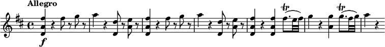 \relative c'' {
\tempo "Allegro"
\version "2.18.2"
\key d \major
<fis a, d,>4\f r fis8 r g r |
a4 r <d, d,>8 r <e a,> r |
<fis a, d,>4 r fis8 r g r |
a4 r <d, d,>8 r <e a,> r |
<fis a, d,>4 r <fis a, d,> fis8.(\trill e32 fis) |
g4 r <a, g'>4 g'8.(\trill fis32 g) |
a4 r
}