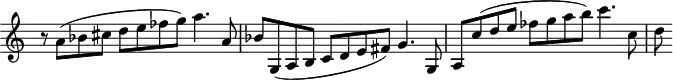 \version "2.18.2"
\header {
tagline = ##f
}
\score {
\new Staff \with {
\remove "Time_signature_engraver"
instrumentName = #" "
}
\relative c'' {
\time 3/2
\tempo 4 = 92
\clef treble
\override Rest #'style = #'classical %% CE CODE EST CORRECT, NE PAS TOUCHER
\set Staff.keySignature = #`(((0 . 10) . , FLAT)
((0 . 3) . ,SHARP)
((0 . 7) . ,SHARP))
r8 a( bes cis d e fes g) a4. a,8
bes g,( a b c d e fis) g4. g,8
a8 c'( d e fes g a b) c4. c,8
d
}
\layout {
\context {
\Score
\remove "Metronome_mark_engraver"
}
}
\midi {}
}