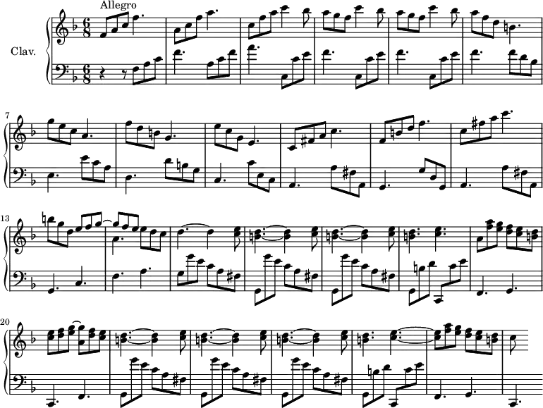 \version "2.18.2"
\header {
tagline = ##f
% composer = "Domenico Scarlatti"
% opus = "K. 350"
% meter = "Allegro"
}
%% les petites notes
%trillBesp = { \tag #'print { bes4.\prall } \tag #'midi { c32 bes c bes~ bes4 } }
upper = \relative c'' {
\clef treble
\key f \major
\time 6/8
\tempo 4. = 92
\set Staff.midiInstrument = #"harpsichord"
\override TupletBracket.bracket-visibility = ##f
s8*0^\markup{Allegro}
f,8 a c f4. | a,8 c f a4. | c,8 f a c4 bes8 | \repeat unfold 2 { a8 g f c'4 bes8 }
% ms. 6
a8 f d b4. | g'8 e c a4. | f'8 d b g4. |
% ms. 9
e'8 c g e4. | c8 fis a c4. | f,8 b d f4. | c8 fis a c4. |
% ms. 13
b8 g d << { e8 f g~ | g f e } \\ { s4. a,4. } >> e'8 d c | d4.~ d4 < c e >8 | \repeat unfold 2 { < b d >4.~ q4 < c e >8 }
% ms. 18
< b d >4. < c e > | a8 < f' a > < e g > < d f > < c e > < b d > | < c e > < d f > < e g >~ < a, g' > < d f > < c e >
% ms. 21
\repeat unfold 3 { < b d >4.~ q4 < c e >8 } | < b d >4. < c e >~ |
% ms. 25
q8 < f a >8 < e g > < d f > < c e > < b d > | c8 s8
}
lower = \relative c' {
\clef bass
\key f \major
\time 6/8
\set Staff.midiInstrument = #"harpsichord"
\override TupletBracket.bracket-visibility = ##f
% ************************************** \appoggiatura a16 \repeat unfold 2 { } \times 2/3 { } \omit TupletNumber
r4 r8 f,8 a c | f4. a,8 c f | a4. \repeat unfold 3 { c,,8 c' e | f4. }
% ms. 6 suite…
f8 d bes e,4. | e'8 c a | d,4. d'8 b g |
% ms. 9
c,4. c'8 e, c | a4. a'8 fis a, | g4. g'8 d g, | a4. a'8 fis a, |
% ms. 13
g4. c | f a | g8 \repeat unfold 3 { g' e c a fis | g, }
% ms. 18
b' d c,, c'' e | f,,4. g | c, f |
% ms. 21
\repeat unfold 3 { g8 g'' e c a fis } | g,8 b' d c,, c'' e |
% ms. 25
f,,4. g c,
}
thePianoStaff = \new PianoStaff <<
\set PianoStaff.instrumentName = #"Clav."
\new Staff = "upper" \upper
\new Staff = "lower" \lower
>>
\score {
\keepWithTag #'print \thePianoStaff
\layout {
#(layout-set-staff-size 17)
\context {
\Score
\override SpacingSpanner.common-shortest-duration = #(ly:make-moment 1/2)
\remove "Metronome_mark_engraver"
}
}
}
\score {
\keepWithTag #'midi \thePianoStaff
\midi { }
}