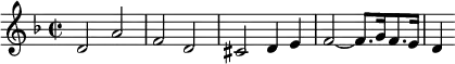 \new Staff {
\relative c' {
\key d \minor
\time 2/2
d2 a'
f d
cis d4 e
f2~ f8. g16 f8. e16 d4
}
}