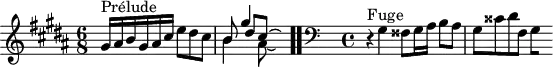 
\version "2.18.2"
\header {
  tagline = ##f
}

\score {
  \new Staff \with {
%fontSize = #-2
  }
<<
  \relative c'' {
    \key gis \minor
    \time 6/8
	\set Staff.midiInstrument = #"harpsichord" 

     %% INCIPIT CBT I-18, BWV 863, sol-dièse mineur
     s4*0^\markup{Prélude} gis16 ais b gis ais cis e8 dis cis | \once \override Staff.TimeSignature #'stencil = ##f \time 7/8 << { b8 gis'4 } \\ { b,4 ais8*3~ \hideNotes ais4 } \\ { s8 dis8[ cis8*3~] \hideNotes cis4 } >> \bar ".."

     \skip 16*1
     \override Staff.Clef.extra-offset = #'( -1 . 0 )
     \time 4/4 
     \clef bass
     \relative c' { \partial 1 r4^\markup{Fuge} gis4 fisis8 gis16 ais b8 ais gis cisis dis fis,
{ 
 % suppression des warnings :
 #(ly:set-option 'warning-as-error #f)
 #(ly:expect-warning (_ "stem does not fit in beam")) %% <= à traduire éventuellement
 #(ly:expect-warning (_ "beam was started here")) %% <= à traduire éventuellement
  \set stemRightBeamCount = #1
  gis4*1/2[ s]
}
}
  }
>>
  \layout {
     \context { \Score \remove "Metronome_mark_engraver" 
     \override SpacingSpanner.common-shortest-duration = #(ly:make-moment 1/2) 
}
  }
  \midi {}
}
