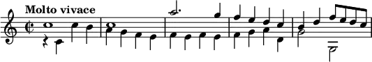 \relative c'' {
\version "2.18.2"
\key c \major
\tempo "Molto vivace"
\time 2/2
<< \relative c'' {\stemUp c1 c a'2. g4 f e d c b d f8 e d c} \\ \relative c'' {\stemDown r4 c, c' b a g f e f e f e f g a d, g2 g, }>>
}