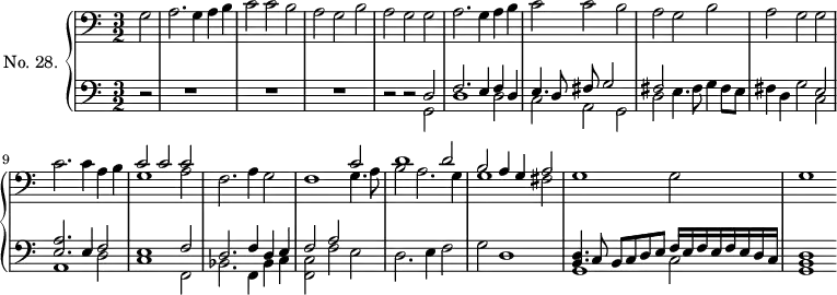 \version "2.14.2"
\header {
tagline = ##f
}
upper = \relative c' {
\clef bass
\key a \minor
\time 3/2
\tempo 2 = 76
\autoBeamOff
\partial 1 g2 a2. | g4 a b | c2 c b | a g b a g g |
a2. g4 a b | c2 c b | a g b | a { \tag #'print g2 \tag #'midi r2 } g2 c2. c4 a b |
<< { c2 c c } \\ { g1 a2 } >>
f2. a4 g2 |
<< { f1 c'2 } \\ { s2 s2 g4. a8 } >>
<< { d1 d2 } \\ { b2 a2. g4 } >>
<< { b2 a4 g a2 } \\ { g1 fis2 } >>
g1 g2 | g1
}
lower = \relative c {
\clef bass
\key a \minor
\time 3/2
\partial 2 r2 | s2 r1 s2 r1 s2 r1 r2 r2
<< { d2 } \\ { g,2 } >>
<< { f'2. e4 f d } \\ { d1 d2 } >>
<< { e4. d8 fis g2 } \\ { c,2 a g } >>
<< { fis'2 } \\ { d2 e4. fis8 g4 fis8 e8 } >>
<< { s2 s2 e2 } \\ { fis4 d g2 c, } >>
<< { << a'2. e2. >> e4 f2 } \\ { a,1 d2 } >>
<< { e1 f2 } \\ { c1 f,2 } >>
<< { d'2. f4 d e } \\ { bes2. f4 bes4 c } >>
<< { { \tag #'print f2 \tag #'midi r2 } a } \\ { << c,2 f,2 >> f' e } >>
<< { } \\ { d2. e4 f2 } >>
<< { } \\ { { \tag #'print g2 \tag #'midi r2 } d1 } >>
<< { << d4. b4. >> c8 b c d e f16 e f e f e d c } \\ { g1 c2 } >>
<< d1 b g >>
}
thePianoStaff = \new PianoStaff <<
\set PianoStaff.instrumentName = #"No. 28."
\new Staff = "upper" \upper
\new Staff = "lower" \lower
>>
\score {
\keepWithTag #'print \thePianoStaff
\layout {
#(layout-set-staff-size 17)
\context {
\Score
\override TupletBracket.bracket-visibility = ##f
\override SpacingSpanner.common-shortest-duration = #(ly:make-moment 1/2)
\remove "Metronome_mark_engraver"
}
}
}
\score {
\keepWithTag #'midi \thePianoStaff
\midi { \set Staff.midiInstrument = #"harpsichord" }
}