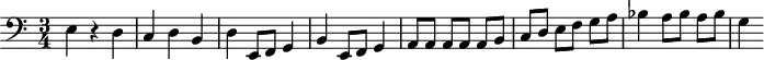 
\header {
  tagline = ##f
}

\score {
  \new Staff \with {

  }
<<
  \relative c {
  \clef bass
    \key c \major
    \time 3/4
    \tempo 4 = 110
    \override TupletBracket #'bracket-visibility = ##f 
    %\autoBeamOff
    \set Staff.midiInstrument = #"string ensemble 1"

     %%%%%%%%%%%%%%%%%%%%%%%%%% 5e chosta premier thème {{2e|mouvement}}
     e4 r4 d4 c d b d e,8 f g4 b e,8 f g4 a8[ a] a a a[ b] c d e[ f] g a bes4 a8[ bes] a bes g4

  }
>>
  \layout {
    \context {
      \Score
      \remove "Metronome_mark_engraver"
    }
  }
  \midi {}
}
