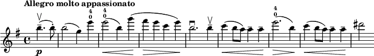 \new Staff \with {midiInstrument = #"violin"} {
\relative c''{
\key e \minor
\time 4/4
\partial 2
\tempo "Allegro molto appassionato"
b'4.--\upbow( \p b8-.)
b2( g4) e'-0-4
e2\<(-0-4 b4) g'\!(
fis\> e c e\!)
b2.\downbow b4--\upbow
c\<( b8 a) a4-- a--\!
e'2.\>(-0-4 b4\!)
c\<( b8 a) a4-- a--\!
dis2
}
}
\midi {
\context {
\Score
tempoWholesPerMinute = #(ly:make-moment 160 4)
}
}